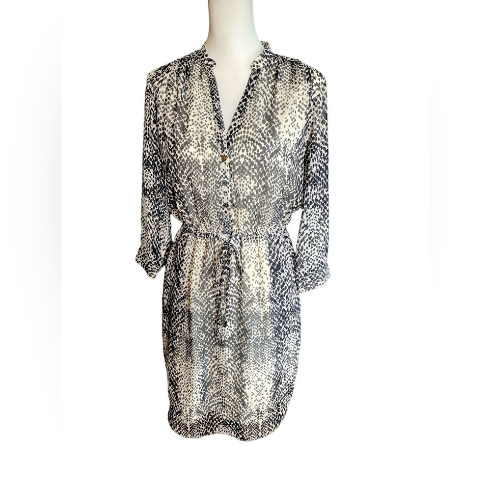 Vince Camuto Black & Ivory Geometric Print Shirt Dress with Pockets, Size 4